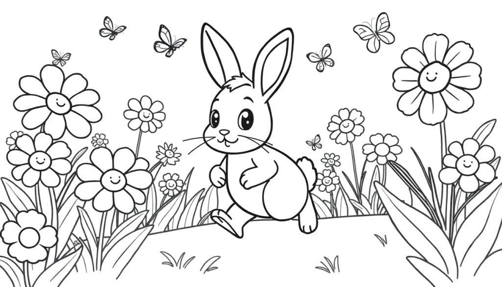 Eine Schwarz-Weiß-Farbtafel-Illustration eines Comic-Osterhasen mit großen Augen und einem Lächeln, der durch eine frühlingshafte Blumenwiese mit lächelnden Blumen und fliegenden Schmetterlingen hoppelt.