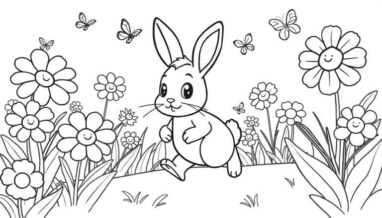 Eine Schwarz-Weiß-Farbtafel-Illustration eines Comic-Osterhasen mit großen Augen und einem Lächeln, der durch eine frühlingshafte Blumenwiese mit lächelnden Blumen und fliegenden Schmetterlingen hoppelt.