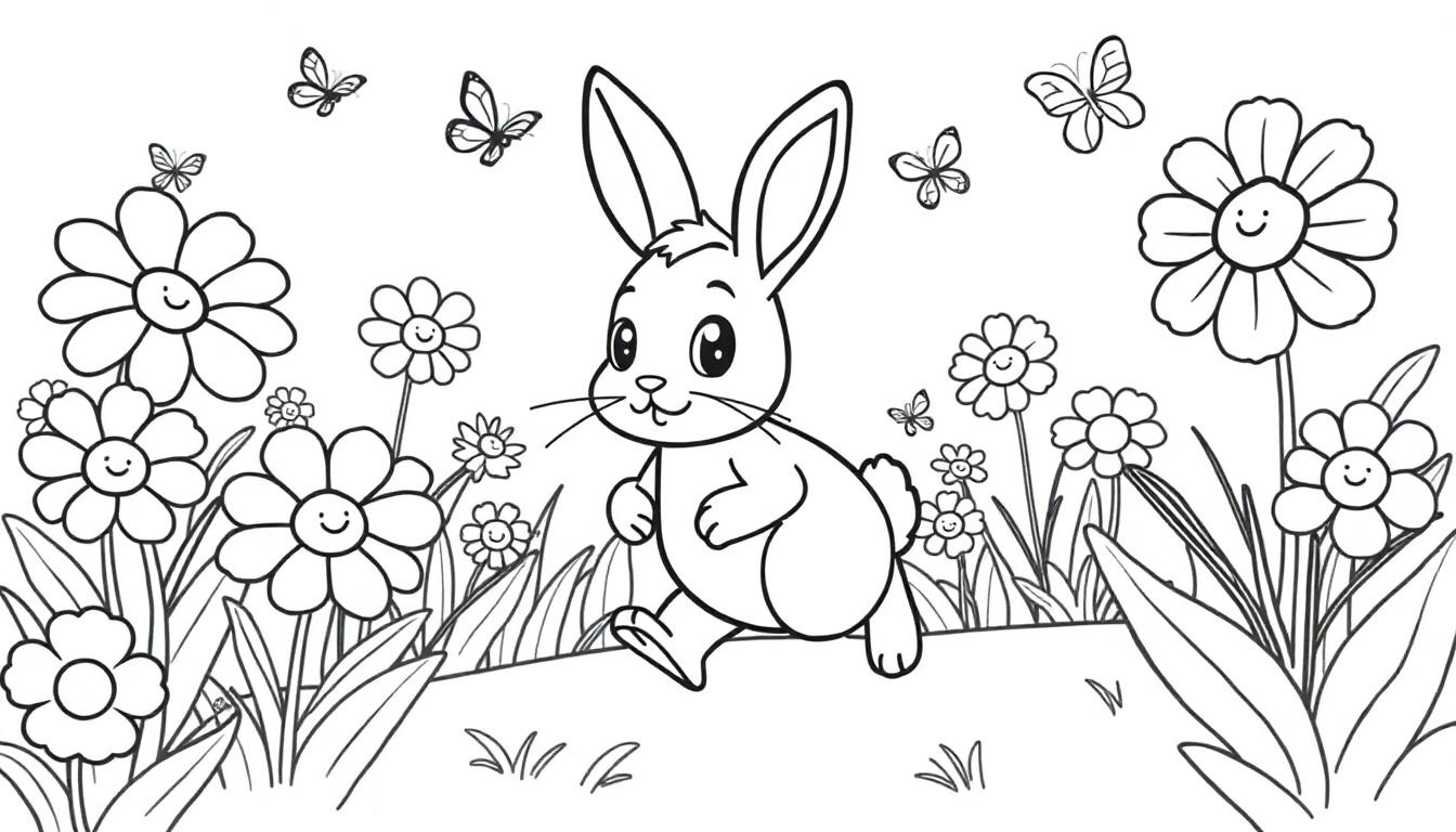 Eine Schwarz-Weiß-Farbtafel-Illustration eines Comic-Osterhasen mit großen Augen und einem Lächeln, der durch eine frühlingshafte Blumenwiese mit lächelnden Blumen und fliegenden Schmetterlingen hoppelt.