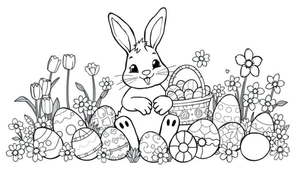 Schwarz-weiße Farbtafel eines niedlichen Osterhasen, der neben Ostereiern und Frühlingsblumen sitzt.