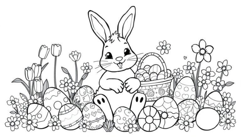 Schwarz-weiße Farbtafel eines niedlichen Osterhasen, der neben Ostereiern und Frühlingsblumen sitzt.