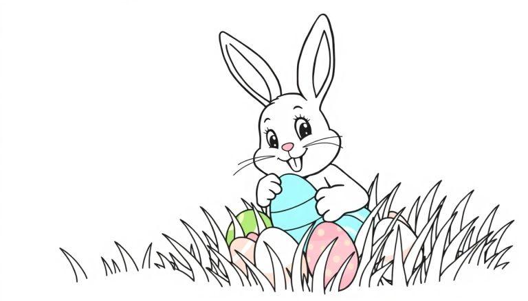 Eine Schwarz-Weiß-Farbtafel mit einem fröhlichen Osterhasen, der bunte Eier versteckt.