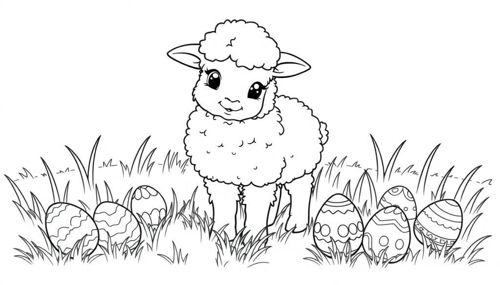 Eine Schwarz-Weiß-Farbtafel eines niedlichen Osterlamms inmitten von dekorierten Ostereiern und Gras.