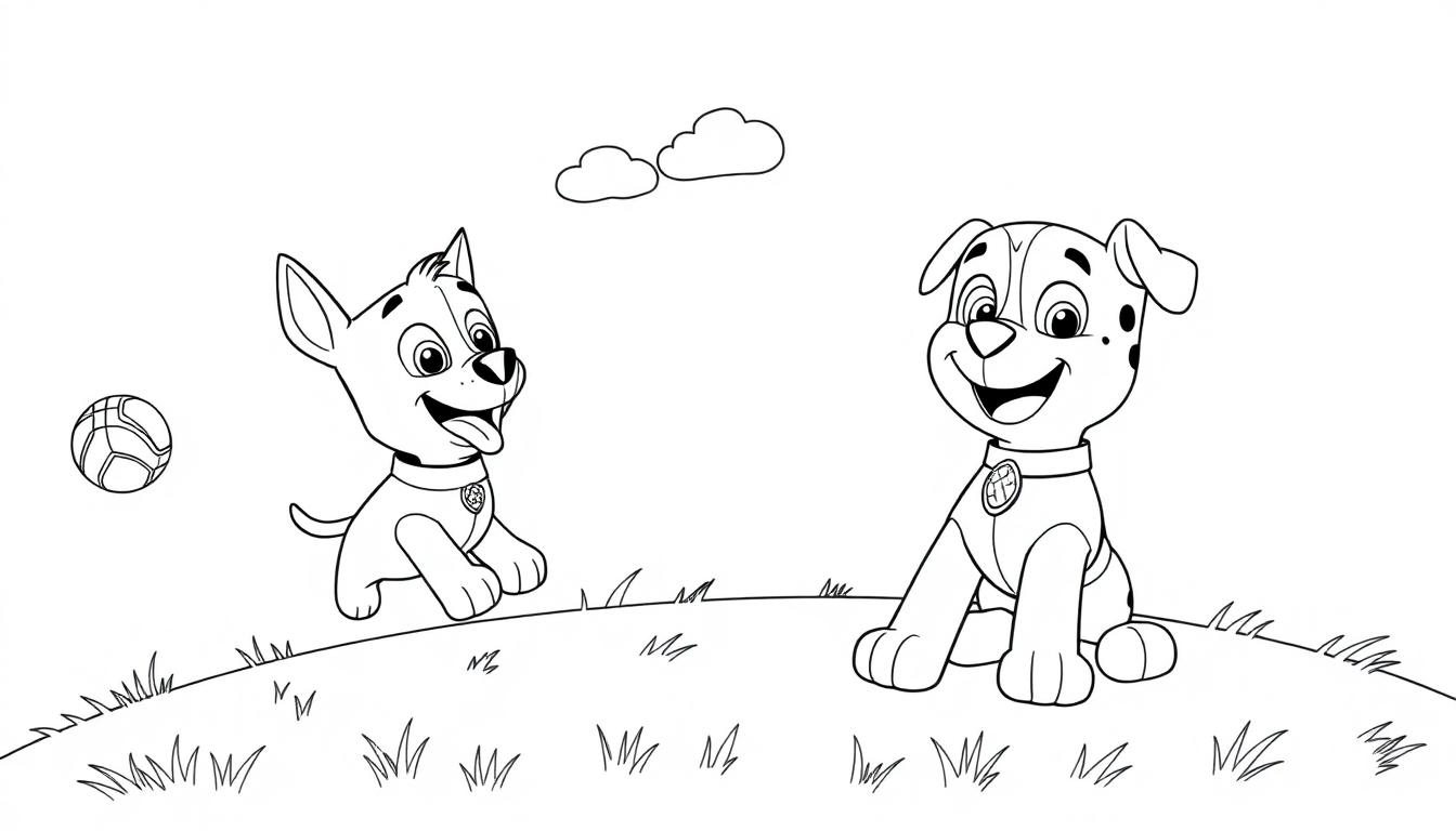 Eine Farbtafel-Malvorlage von Chase und Marshall von Paw Patrol, die auf einer Wiese mit einem Ball spielen.