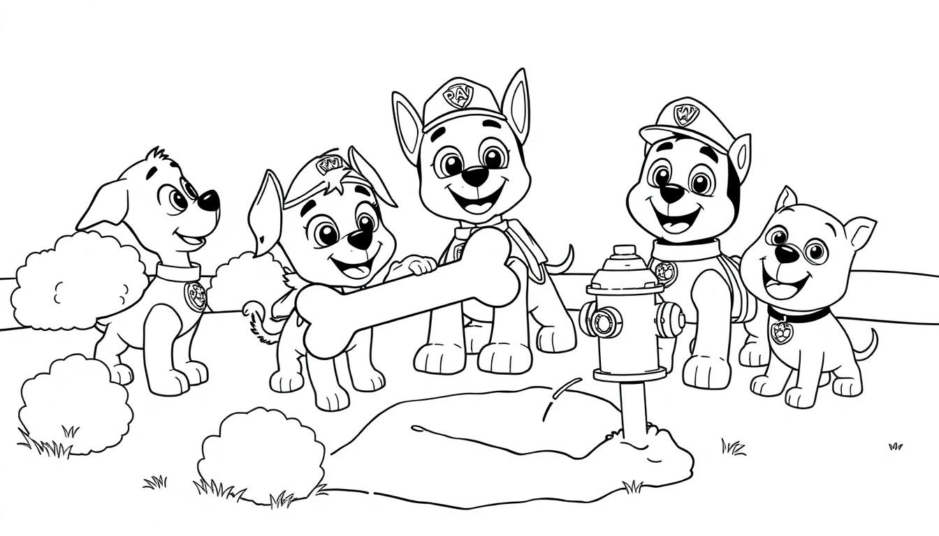 Schwarz-Weiß-Farbtafel mit fünf Paw Patrol Hunden in einer Reihe, bereit zum Ausmalen. 🐶🚓🌳