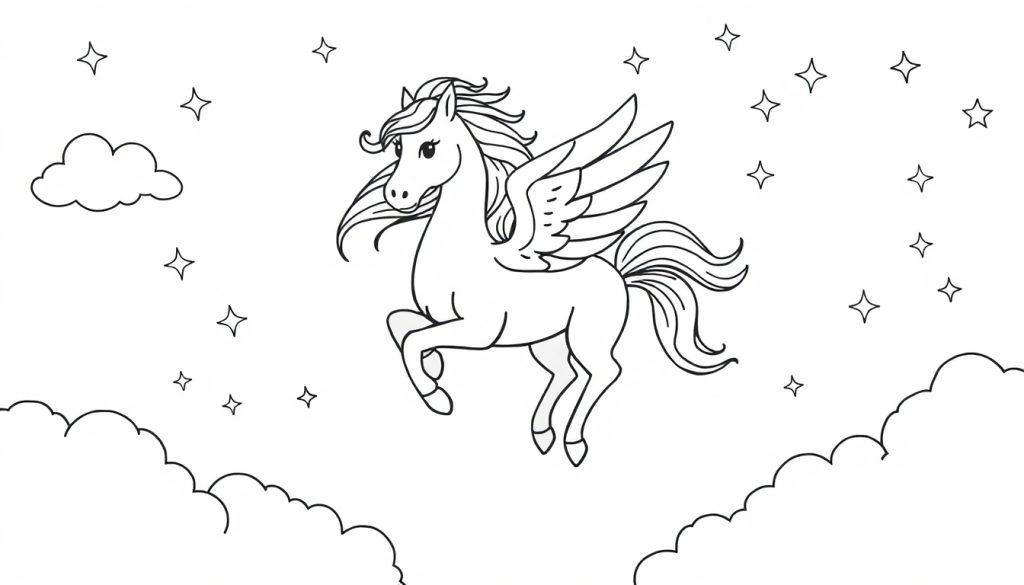 Schwarz-weiße Farbtafel eines Pegasus, der in Wolken und Sternen schwebt, bereit zum Ausmalen.