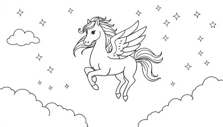 Schwarz-weiße Farbtafel eines Pegasus, der in Wolken und Sternen schwebt, bereit zum Ausmalen.