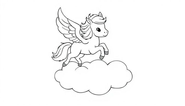 Eine schwarz-weiße Farbtafel eines Pegasus-Fohlens, das auf einer Wolke sitzt, bereit zum Ausmalen.