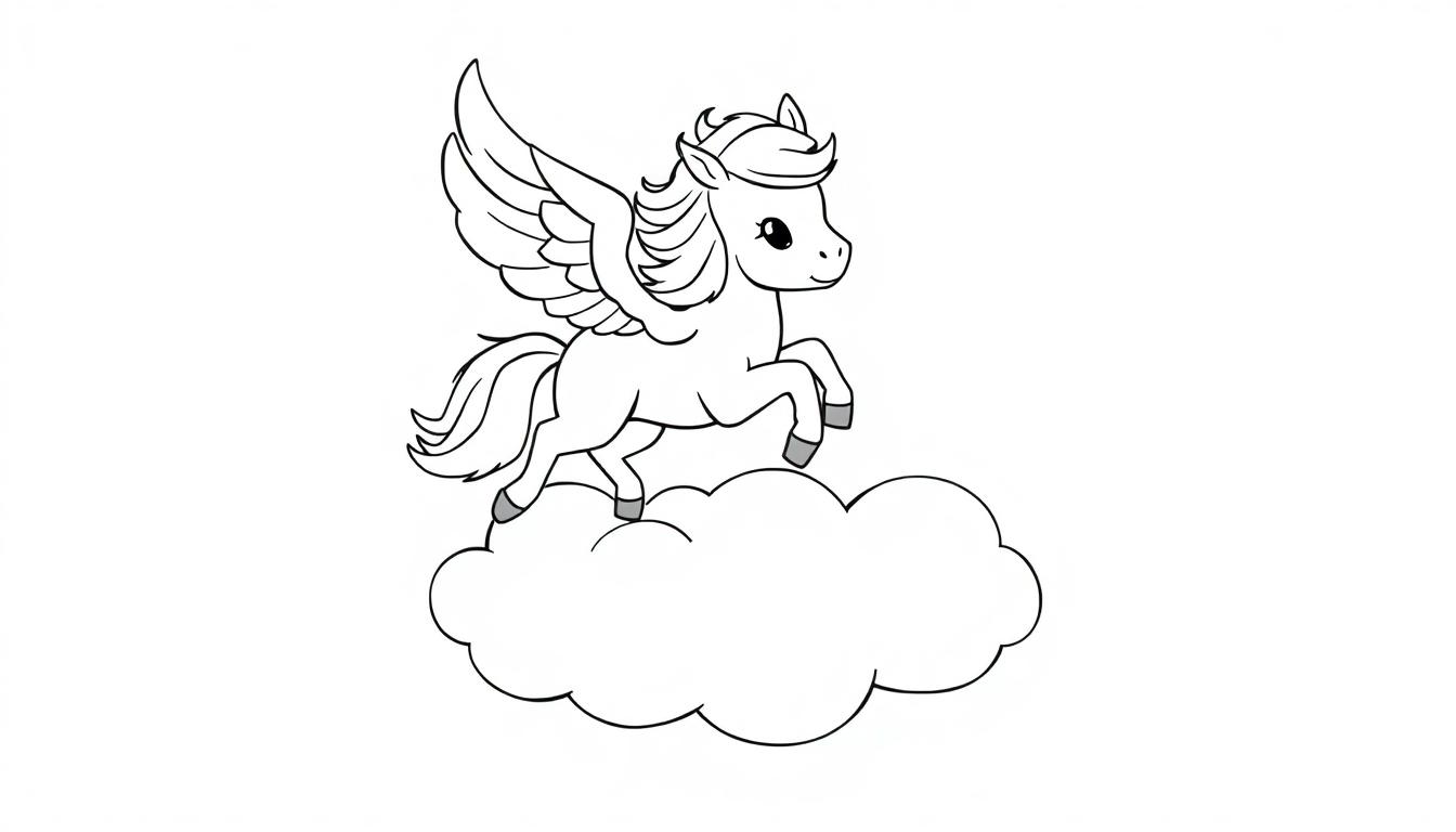 Eine schwarz-weiße Farbtafel eines Pegasus-Fohlens, das auf einer Wolke sitzt, bereit zum Ausmalen.