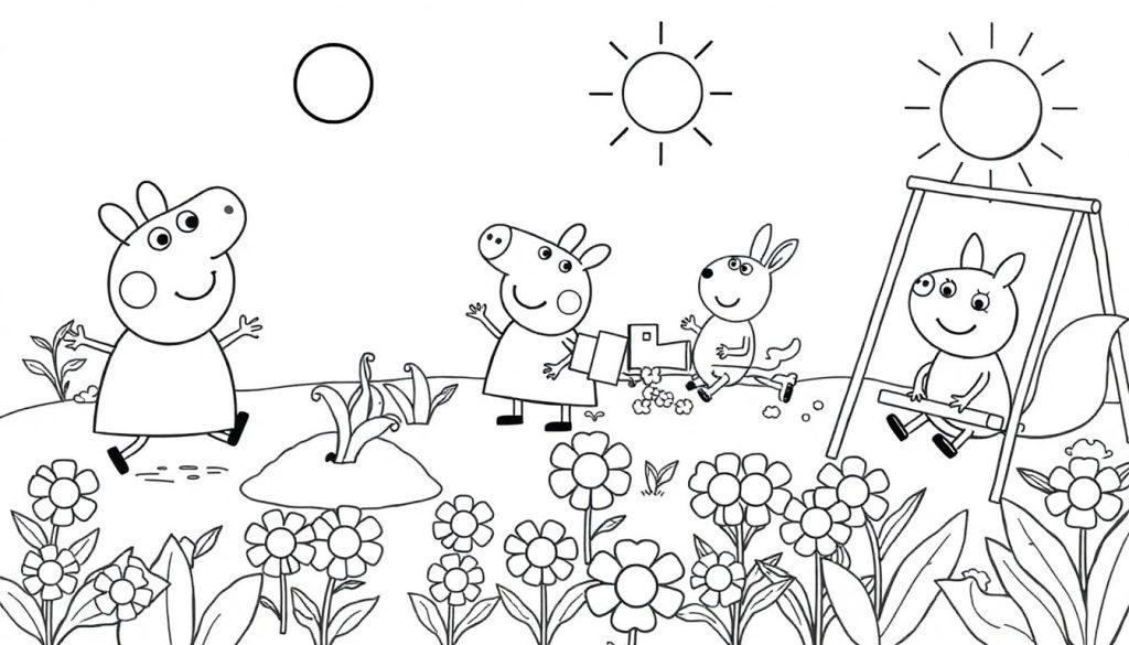 Peppa Wutz und Freunde im Garten – eine lustige Farbtafel-Zeichnung.