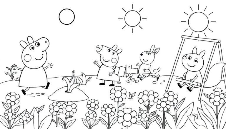 Peppa Wutz und Freunde im Garten – eine lustige Farbtafel-Zeichnung.