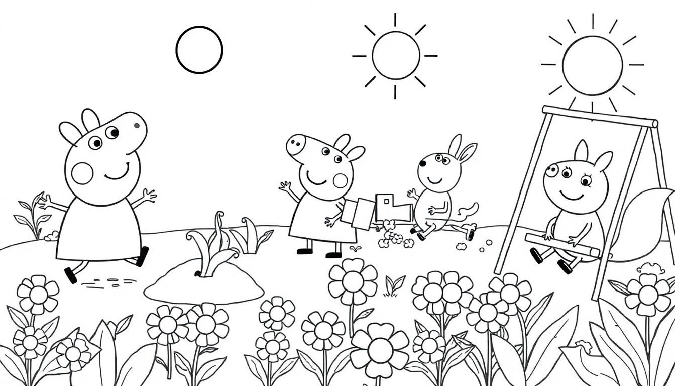 Peppa Wutz und Freunde im Garten – eine lustige Farbtafel-Zeichnung.