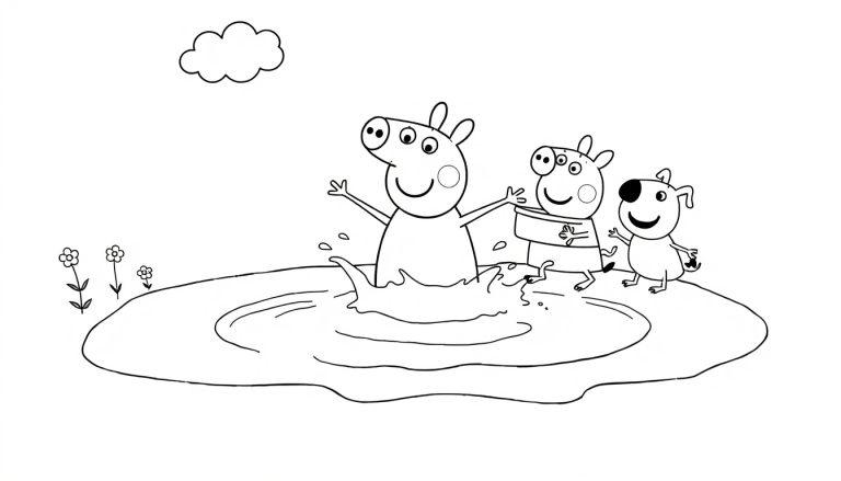 Peppa Wutz und Freunde genießen eine Farbtafel im Matsch.