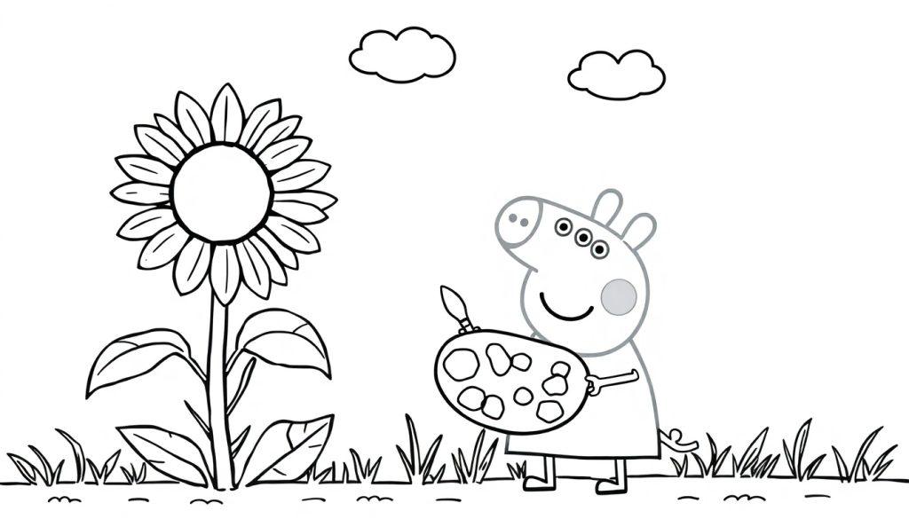 Peppa Wutz malt eine Sonnenblume auf einer Farbtafel.