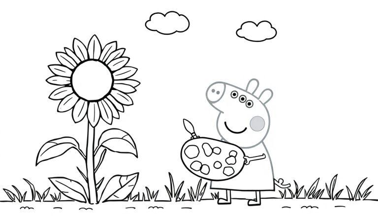 Peppa Wutz malt eine Sonnenblume auf einer Farbtafel.
