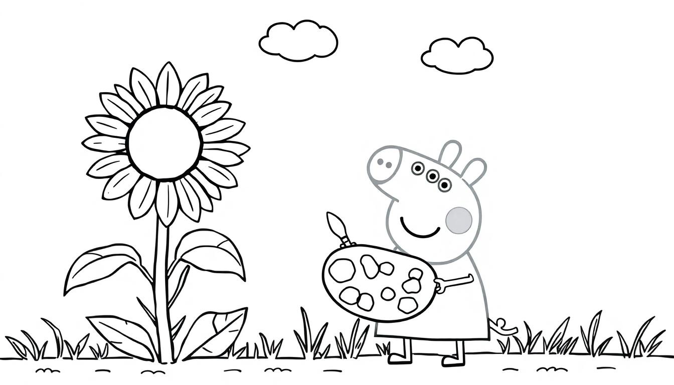 Peppa Wutz malt eine Sonnenblume auf einer Farbtafel.