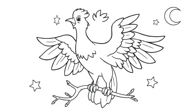 Schwarz-weiße Farbtafel eines Phönixvogels mit weit ausgebreiteten Flügeln auf einem Ast, umgeben von Sternen und einem Halbmond.