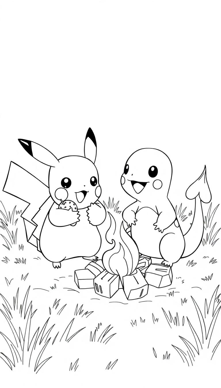 Pikachu und Charmander kuscheln am Lagerfeuer