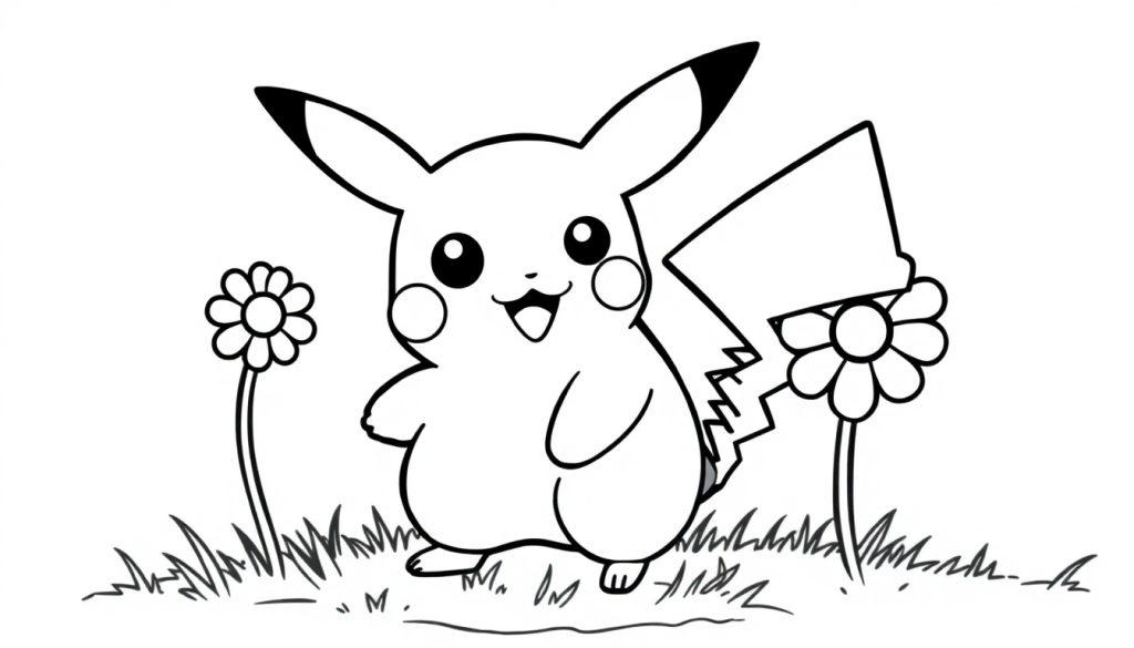 Eine Schwarz-Weiß-Farbtafel-Zeichnung von Pikachu, das auf einer Wiese mit Gänseblümchen steht und fröhlich lächelt.