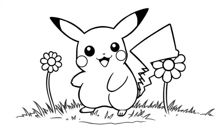 Eine Schwarz-Weiß-Farbtafel-Zeichnung von Pikachu, das auf einer Wiese mit Gänseblümchen steht und fröhlich lächelt.