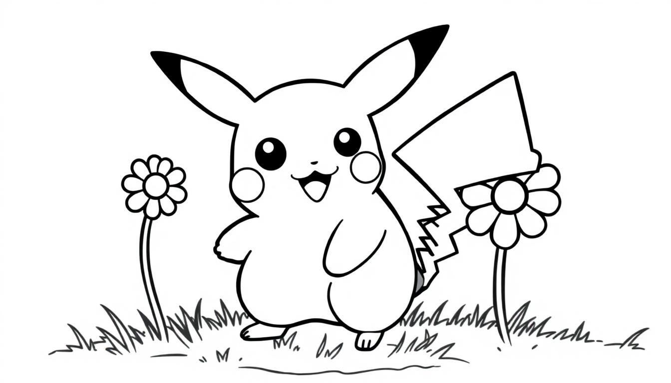 Eine Schwarz-Weiß-Farbtafel-Zeichnung von Pikachu, das auf einer Wiese mit Gänseblümchen steht und fröhlich lächelt.