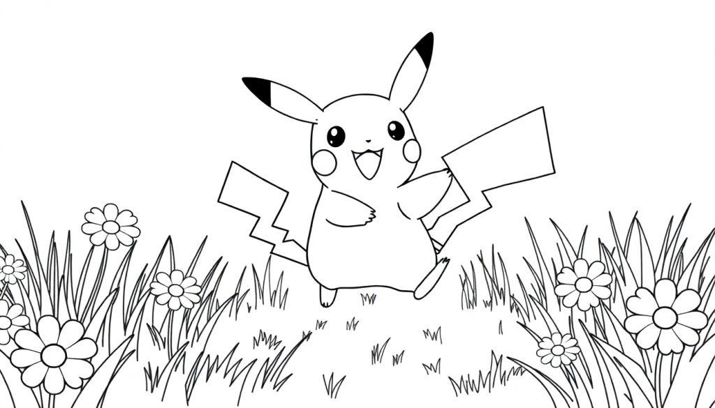 Schwarz-Weiß-Farbtafel von Pikachu auf einer Blumenwiese.