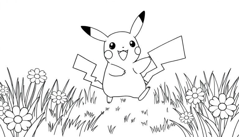 Schwarz-Weiß-Farbtafel von Pikachu auf einer Blumenwiese.
