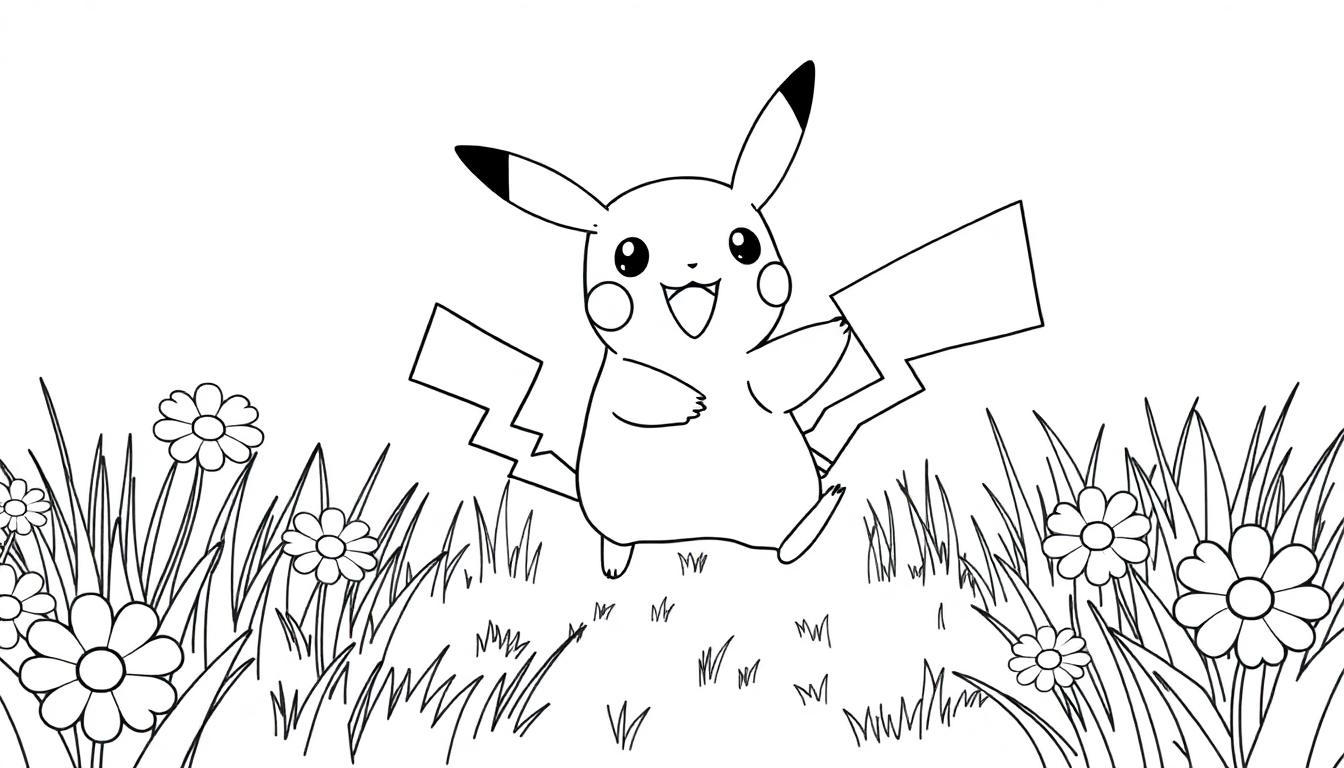 Schwarz-Weiß-Farbtafel von Pikachu auf einer Blumenwiese.
