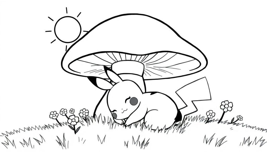 Schwarz-Weiß-Farbtafel eines schlafenden Pikachu unter einem großen Pilz.