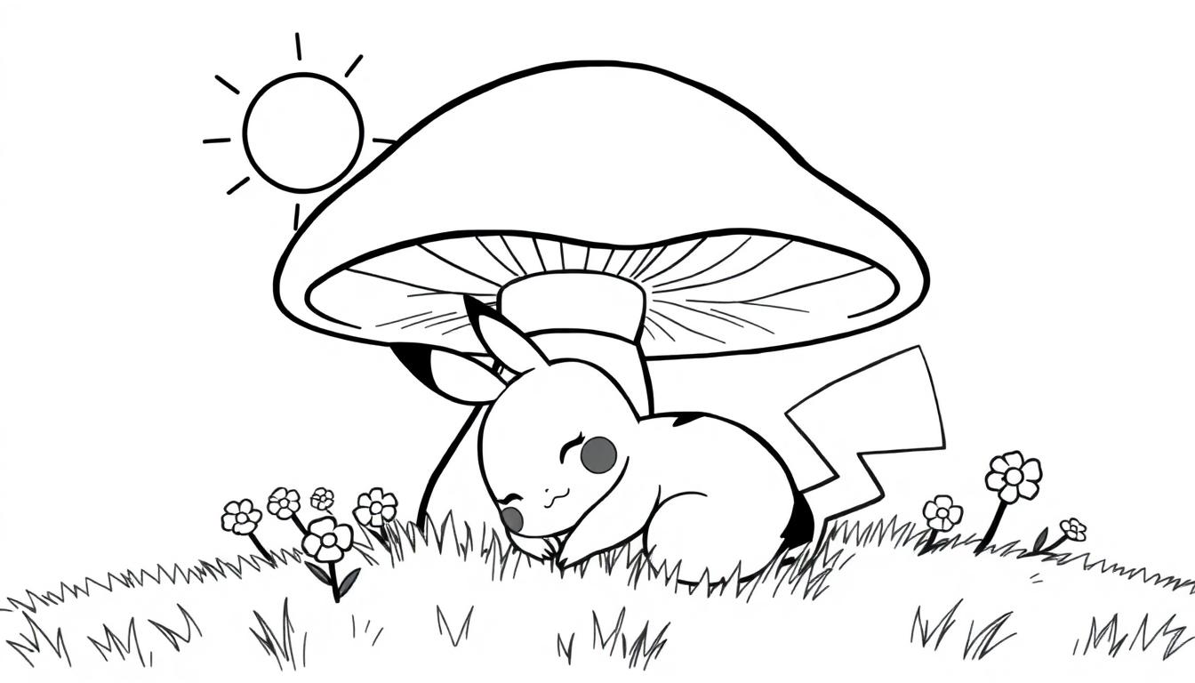 Schwarz-Weiß-Farbtafel eines schlafenden Pikachu unter einem großen Pilz.