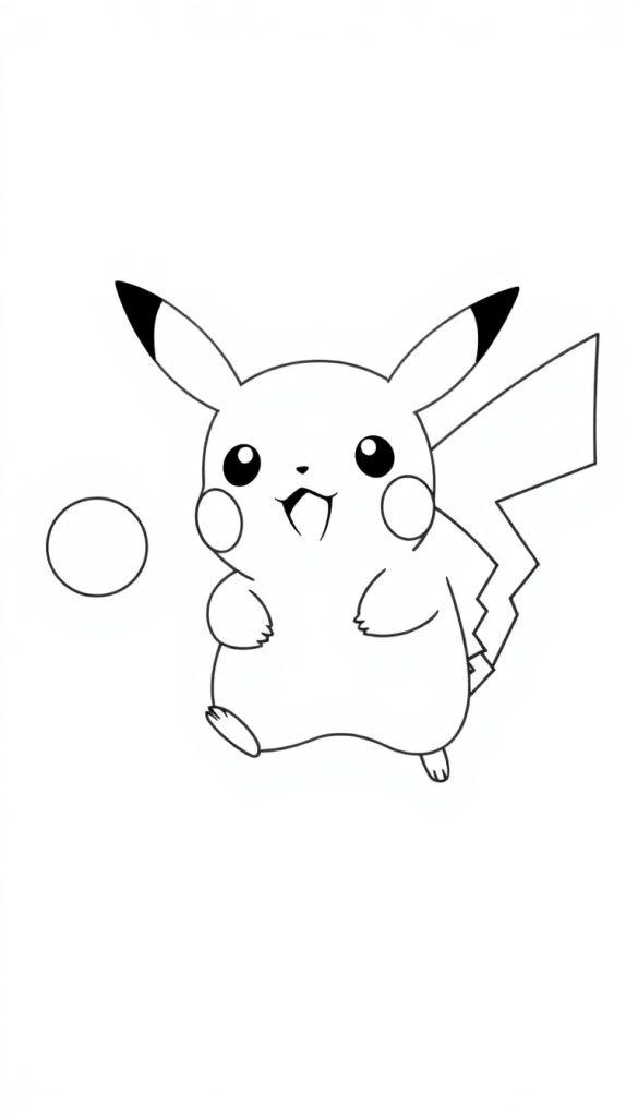 Eine Schwarz-Weiß-Zeichnung von Pikachu mit einem Lächeln und einer Sprechblase daneben.