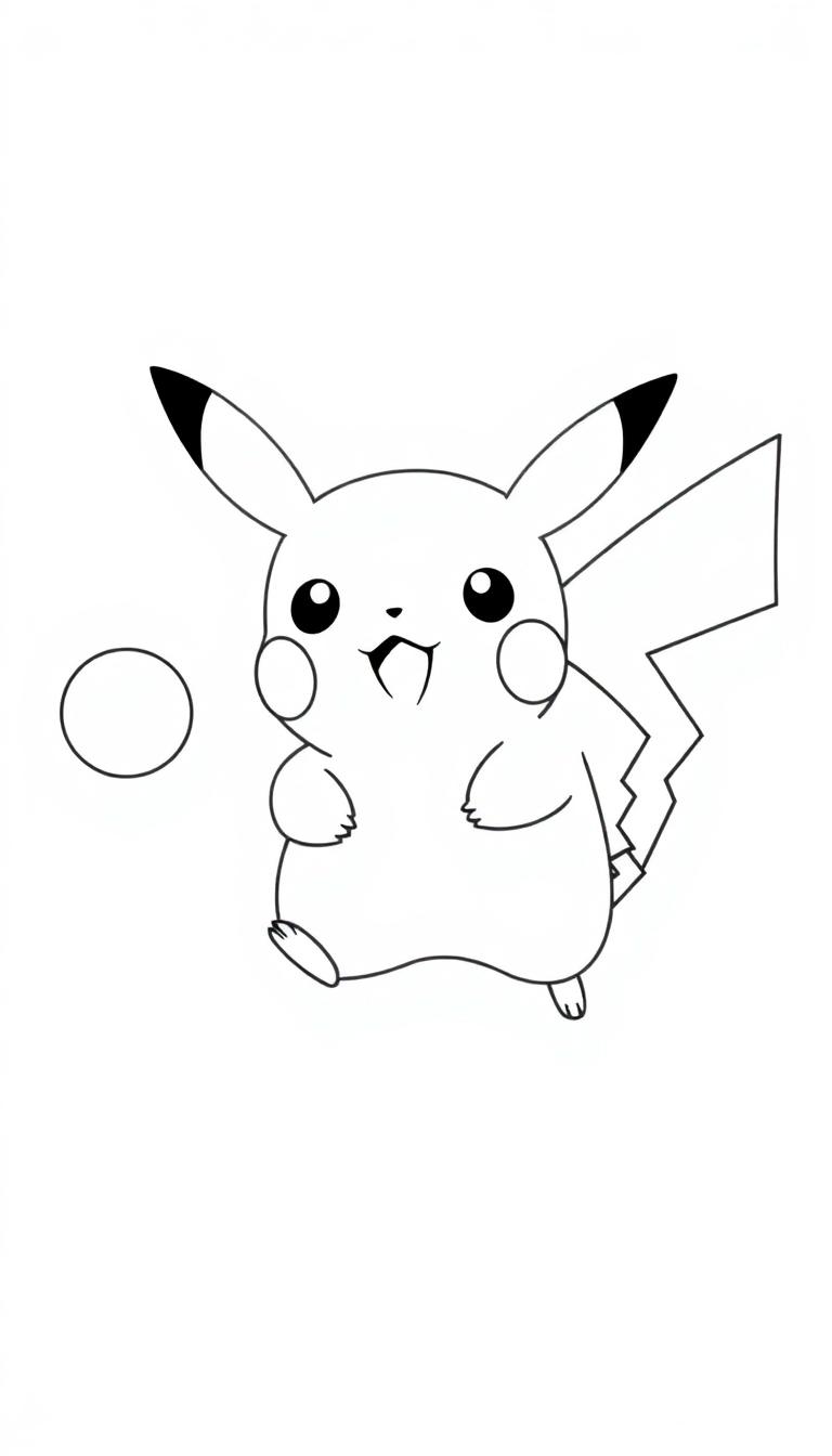 Eine Schwarz-Weiß-Zeichnung von Pikachu mit einem Lächeln und einer Sprechblase daneben.
