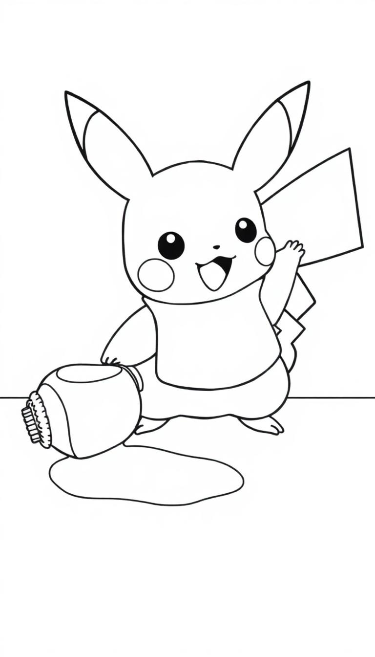 Pikachu mit Lätzchen, das etwas verschüttet hat und winkt