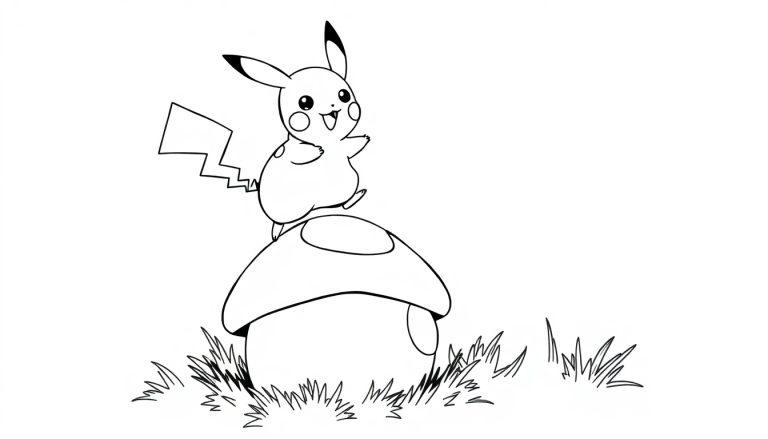 Eine Schwarz-Weiß-Zeichnung von Pikachu, das auf einem Pilz steht.