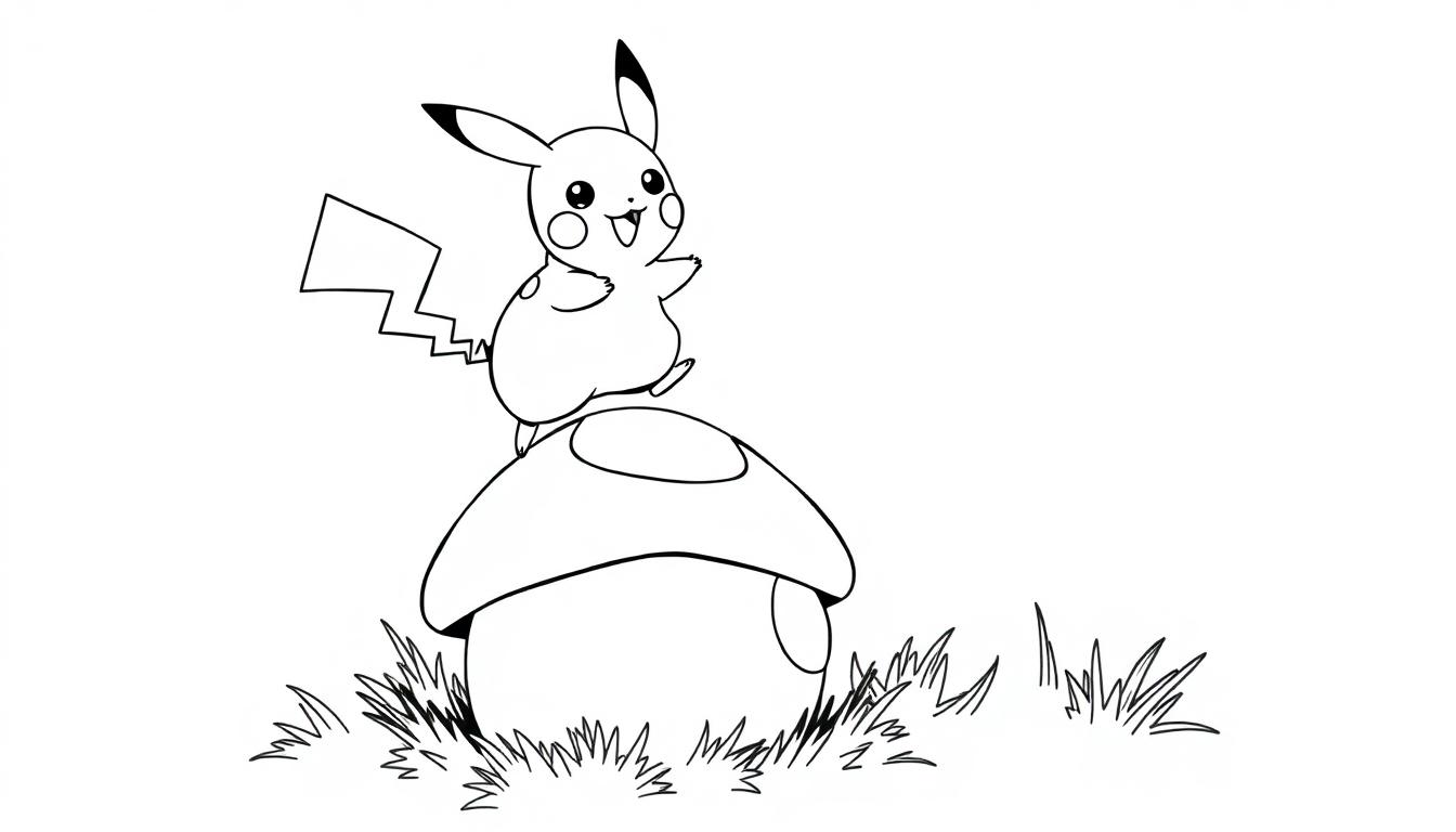 Eine Schwarz-Weiß-Zeichnung von Pikachu, das auf einem Pilz steht.