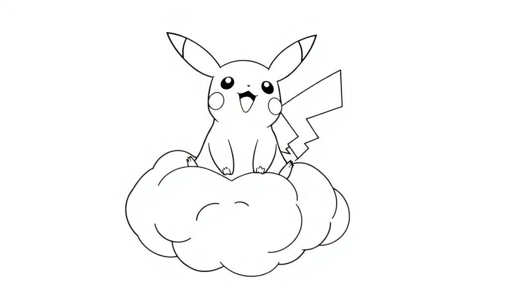 Pikachu auf einer Wolke sitzend, Schwarz-Weiß-Zeichnung