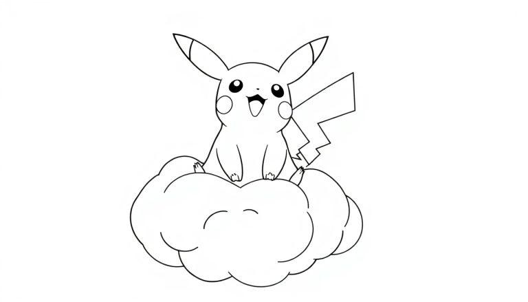 Pikachu auf einer Wolke sitzend, Schwarz-Weiß-Zeichnung