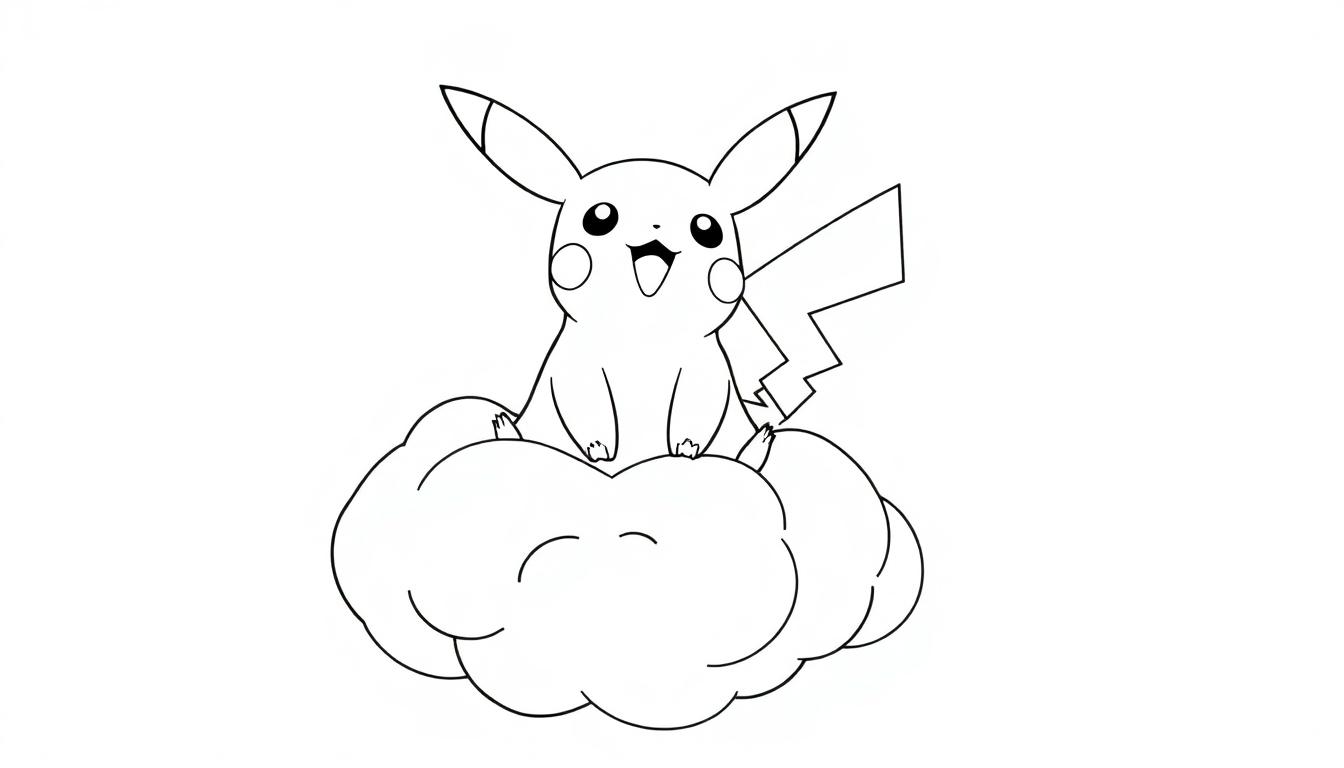 Pikachu auf einer Wolke sitzend, Schwarz-Weiß-Zeichnung