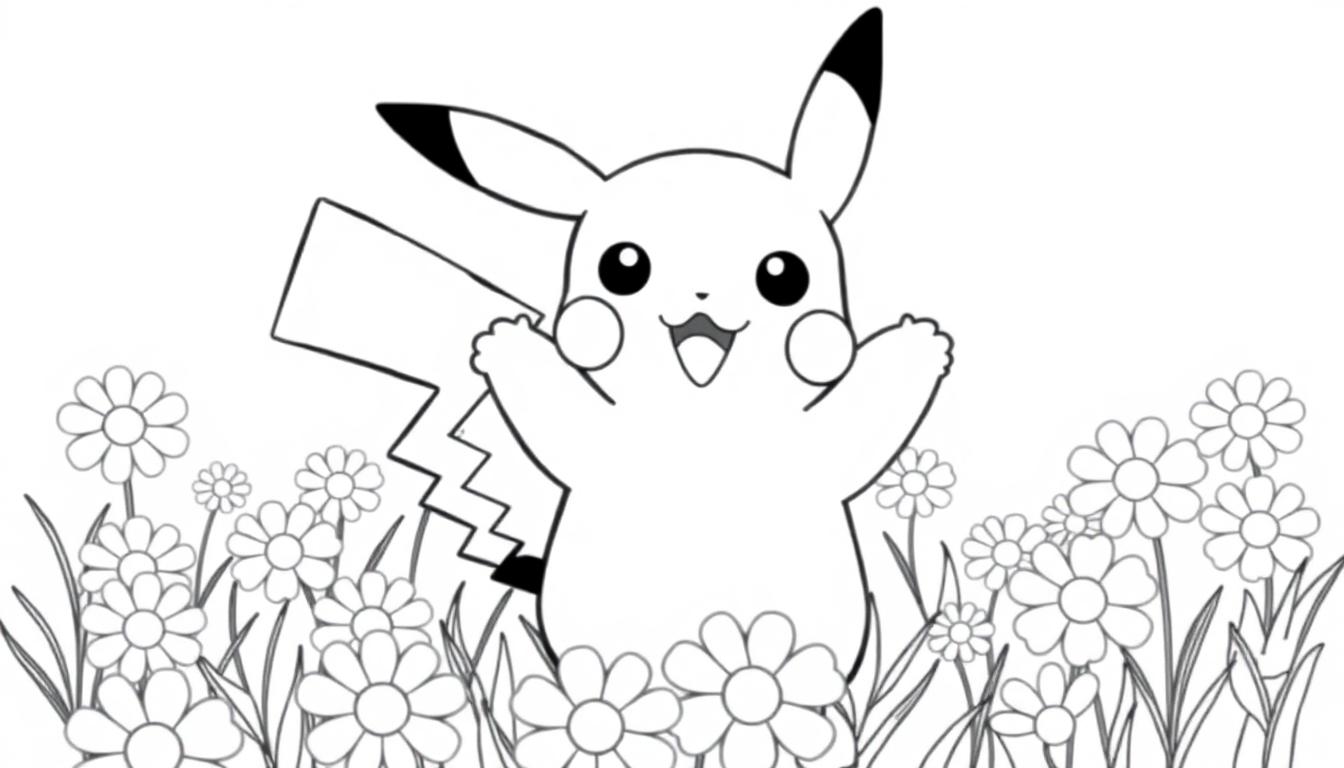 Pikachu in einem Blumenfeld