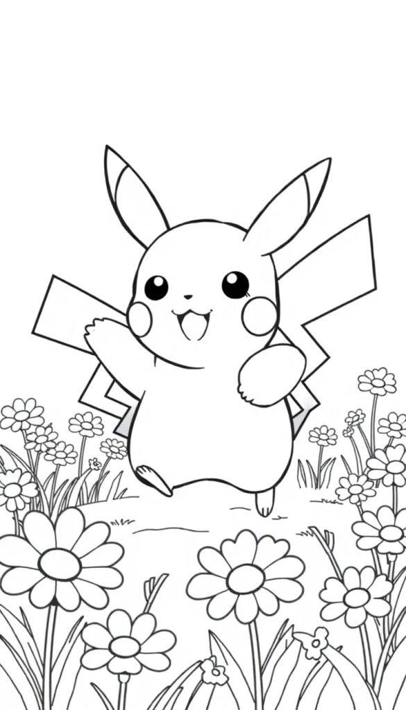 Umrisszeichnung von Pikachu auf einer Wiese mit Gänseblümchen