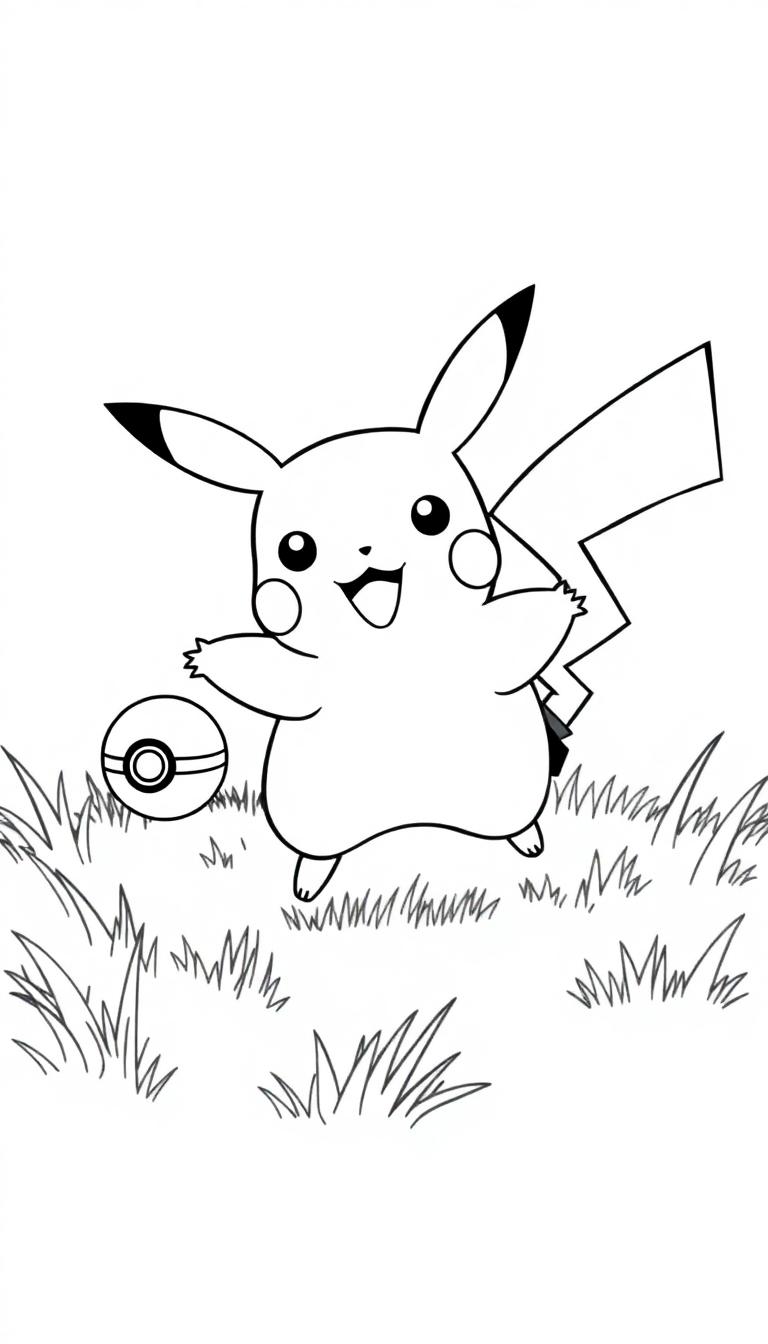 Pikachu steht auf einem Grasfleck und hält einen Pokeball.