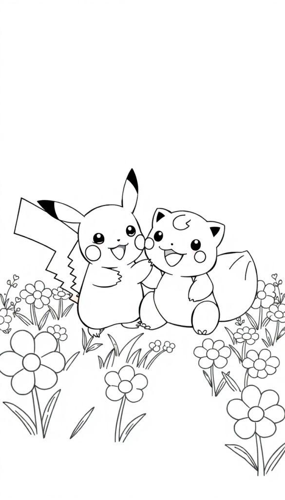Pikachu und Pummeluff spielen zusammen in einem Blumenfeld.