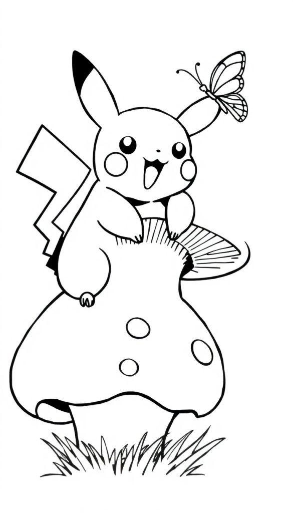 Schwarz-weiß-Zeichnung von Pikachu mit einem Schmetterling auf dem Ohr, sitzend auf einem Pilz.