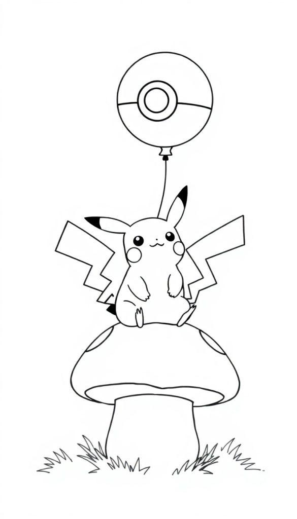 Pikachu sitzt auf einem Pilz und hält einen Pokéball-Ballon.