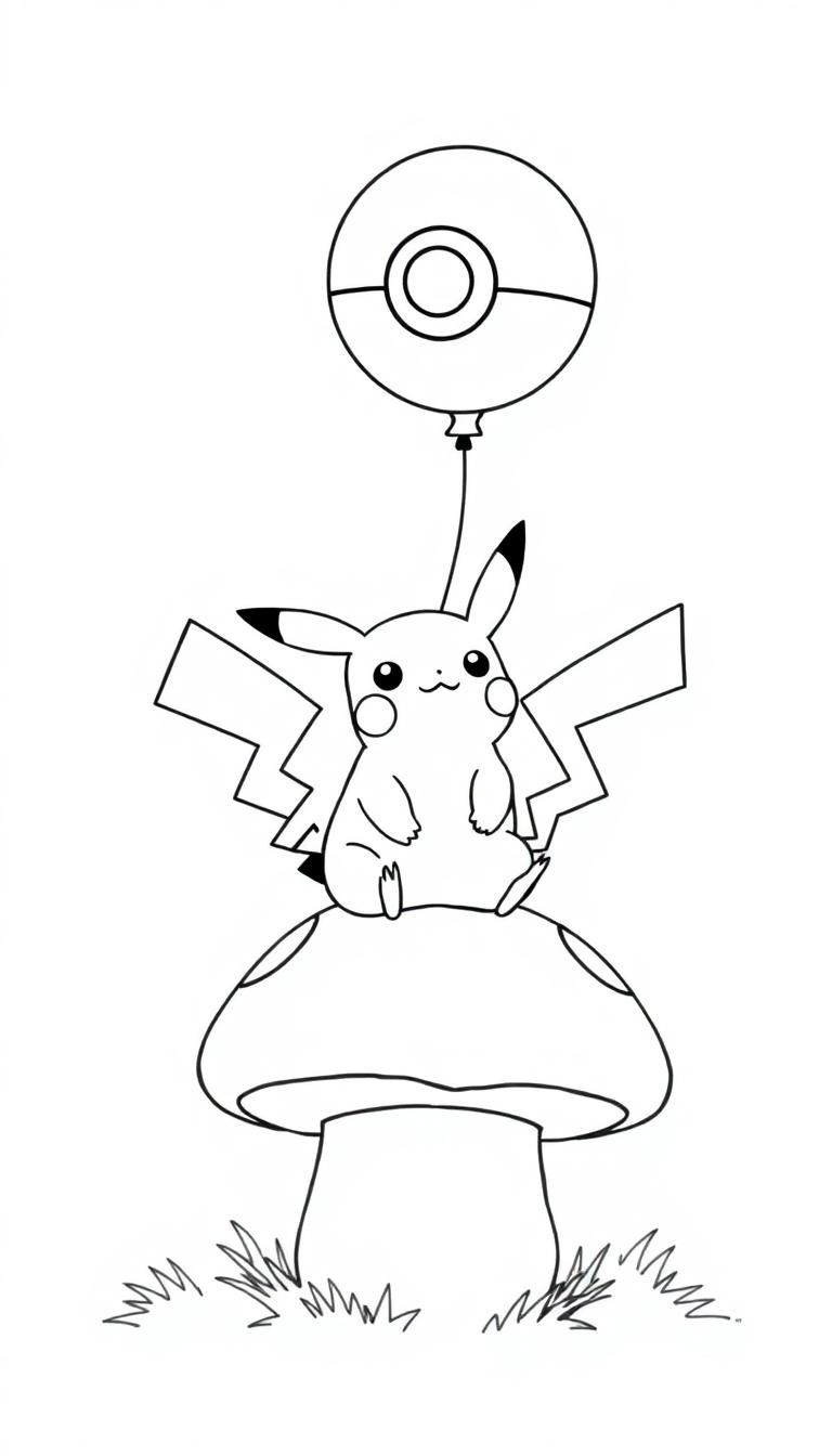 Pikachu sitzt auf einem Pilz und hält einen Pokéball-Ballon.