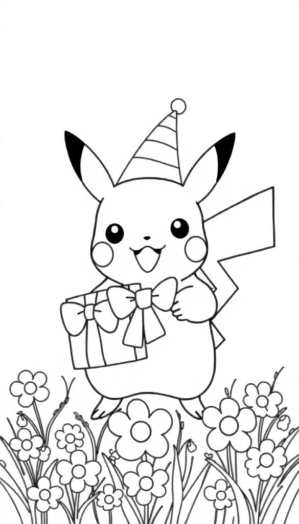 Eine schwarz-weisse Ausmalvorlage von Pikachu mit Geburtstagsmütze und Geschenk in Blumen.