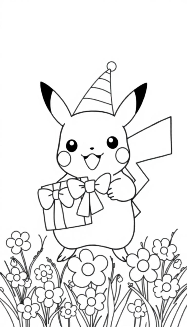 Eine schwarz-weisse Ausmalvorlage von Pikachu mit Geburtstagsmütze und Geschenk in Blumen.