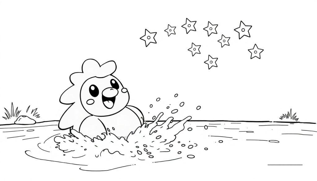 Ein cartoonartiges Pokémon mit rundem Körper und fröhlichem Gesichtsausdruck spritzt im Wasser, umgeben von Wellen und Sternen.