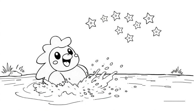 Ein cartoonartiges Pokémon mit rundem Körper und fröhlichem Gesichtsausdruck spritzt im Wasser, umgeben von Wellen und Sternen.