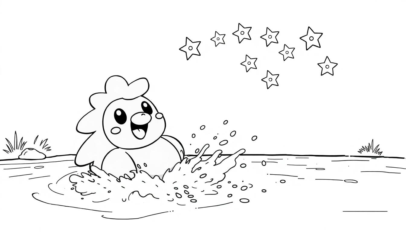 Ein cartoonartiges Pokémon mit rundem Körper und fröhlichem Gesichtsausdruck spritzt im Wasser, umgeben von Wellen und Sternen.